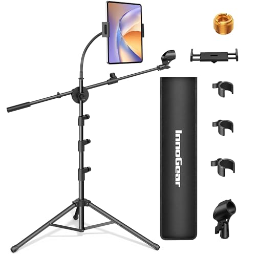 InnoGear Mic Stand, 6 in 1 Microphone Stand Floor with Tablet Phone Holder Height Adjustable from 30" to 72" Mic Stand Tripod Boom Arm with Gooseneck Carrying Bag for Singing Karaoke Stage