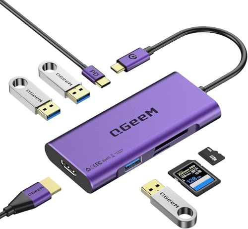 USB C Hub, QGeeM USB 4k to HDMI Adapter, 7 in 1 USB-C Dongle with 100W PD,USB 3.0, Card Reader, Compatible for MacBook iPhone 15/17 Ipad Pro max,Chromebook Laptop USB Type C Dock-Purple - color: Bright Purple