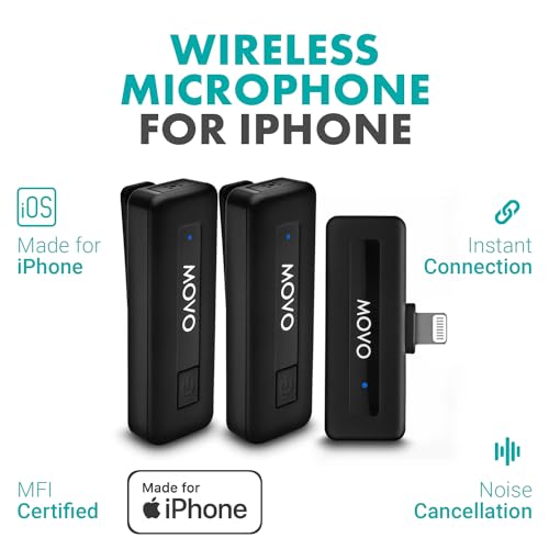 Movo Wireless Mini DI Duo Wireless Microphone - iPhone Video Recording Mic with Lavalier Mic, 10 HR Battery, 164FT Range