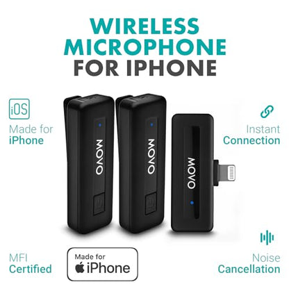 Movo Wireless Mini DI Duo Wireless Microphone - iPhone Video Recording Mic with Lavalier Mic, 10 HR Battery, 164FT Range