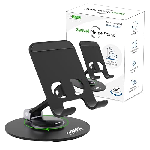 Uncaged Ergonomics 360° Swivel Rotating Adjustable Phone Stand for Desk, Portable & Foldable Cell Phone Stand for Desk, Compact Mobile Stand for Tabletop, Office, Kitchen & Bedroom (Black)