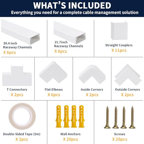 330in Cord Hider Kit – 6 Long 39.4" + 6 Short 15.7" White Cable Raceway, Wall Mount TV Wire Cover, Paintable, Easy Install Cord Concealer, Wire Management for Home & Office - size: 330in L x 0.95in W x 0.55in H