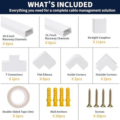 330in Cord Hider Kit – 6 Long 39.4" + 6 Short 15.7" White Cable Raceway, Wall Mount TV Wire Cover, Paintable, Easy Install Cord Concealer, Wire Management for Home & Office - size: 330in L x 0.95in W x 0.55in H