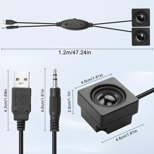 XMSJSIY Mini Computer Speaker for Desktop PC 3.5mm TRS Input with Volume Control USB Powered Stereo Hidden Type Small Speakers for PC Laptop Phone Notebook -1.2M/3.9FT 1 Pair