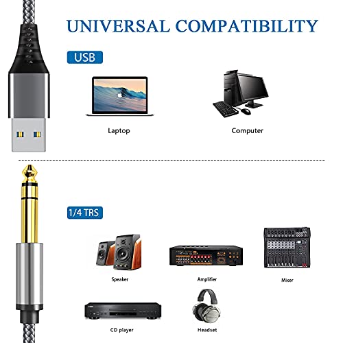 USB to 6.35mm 1/4 inch TRS Audio Stereo Cable 6.6FT,USB-A to 6.35mm Quarter inch Aux Jack Stereo Cable for Laptop, WindowsAmplifier, Mixer, Home Theater, Speaker ect - size: 6.6Feet