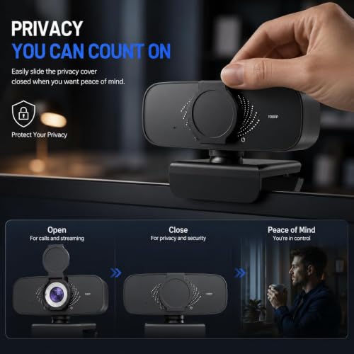 1080P Webcam with Microphone for PC, Full HD USB Computer Camera with Low Light Correction, Wide Angle Web Camera for Streaming, Zoom, Teams, Skype, Plug and Play Webcam for Laptop Desktop Mac
