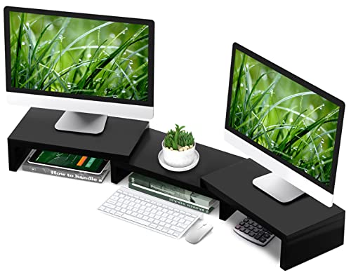 TAVR Monitor Stand Riser, Office Desktop Organizer Stand for 2 Monitors | Adjustable Length and Angle 3 Shelf, Extra Long Multifunctional Wooden Stand up to 43.3" fit Computer, Laptop, TV, Black - color: Black
