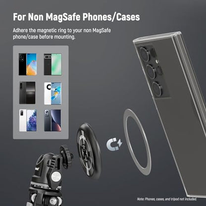 NEEWER Magnetic Phone Tripod Mount Adapter with Adhesive Magnetic Ring Compatible with MagSafe iPhone 15 Pro Max 15 Plus 14 13 12, 1/4" Thread for iPhone Video Recording Selfie Stick Ring Light, PA010 - style: PA010(1 Pack) w/Magnetic Ring