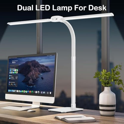 Desk Lamp with USB Charging Port for Home Office 24w Architect Remote Base Dual Task Led Light Modern 5 Color Modes Dimmable Adjustable Gooseneck Double Head Reading Drafting Eye Caring Tall Lamps - color: White