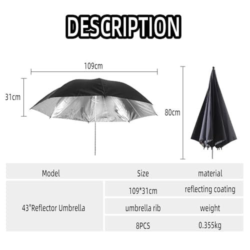 Godox UB002 43"/109cm Photography Studio Flash Black & Silver Reflector Umbrella for Studio/Outdoor Photo and Video Lighting Accessories - size: 43"/109cm