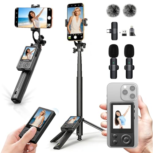 Wireless Selfie Monitor Vlogging Kit with Microphone, 65in Extendable Phone Tripod Selfie Stick, Magnetic Back Camera Monitor, 164ft Stable Wireless Casting, No Lag No Overheating for iPhone & Android