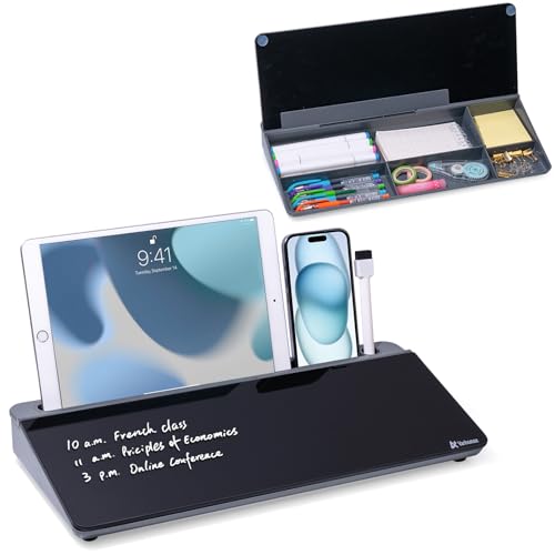 Varhomax Glass Desk Whiteboard with Storage, Desktop Organizer to-do List Memo Notepad Dry Erase White Board for Home Office and School Supplies (Gray&Black) - color: Gray&black