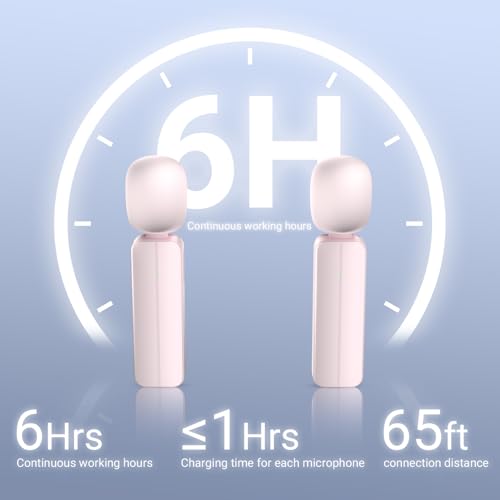 2 Pack Wireless Mini Lavalier Lapel Microphone for iPhone,Android Phone(2 in 1) - 65ft Cordless Clip on Dual Mics with Noise Reduction 6H Working Time for Video Recording Vlogging, YouTube, (Pink)