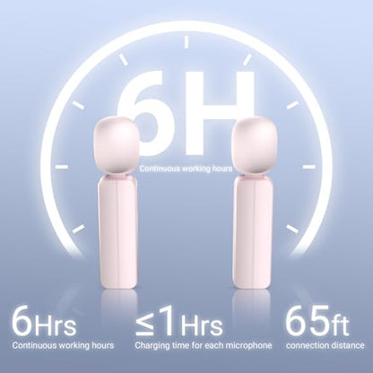 2 Pack Wireless Mini Lavalier Lapel Microphone for iPhone,Android Phone(2 in 1) - 65ft Cordless Clip on Dual Mics with Noise Reduction 6H Working Time for Video Recording Vlogging, YouTube, (Pink)