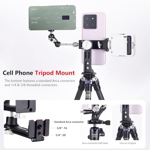 AOKA Metal Phone Tripod Mount, Arca Compatible Base with Cold Shoe, 360° Swivel and 180° Tilt Adjustment, Includes Multiple 1/4 Bolt Expansion Ports, Compatible with iPhone 17 Pro Max Galaxy S25 Ultra