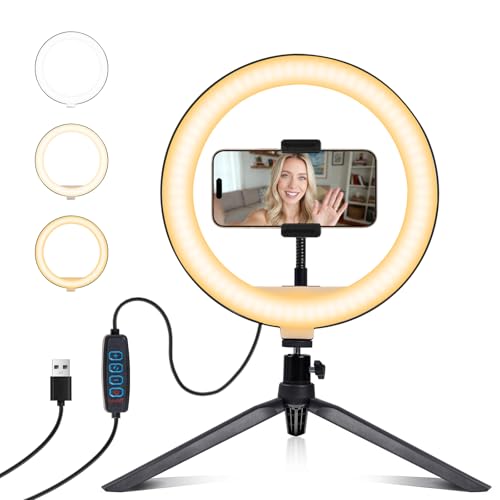 Selfie Ring Light 10" with Tripod Stand and Phone Holder, LED Ring Light for Desk with 3 Light Modes & 11 Brightness Level for Selfie, YouTube, Makeup, Live Streaming, TIKTOK - size: 10-inch