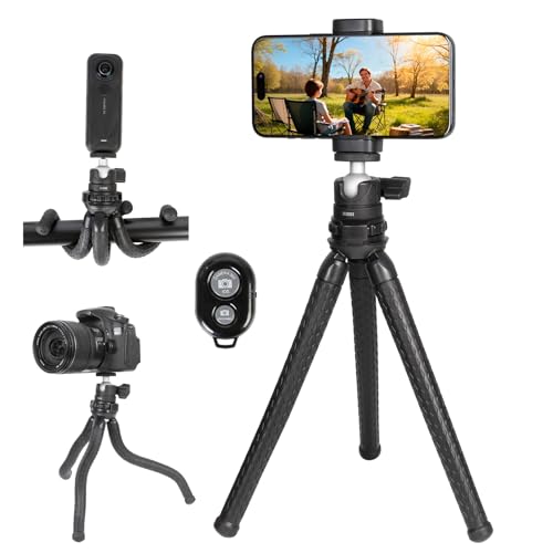 Flexible Tripod for Phones & Camera, Mini Phone Tripod Stand with Remote & Phone Holder for Video Recording, Compatible with iPhone GoPro Insta360 X5 DJI Osmo Pocket 3 Canon Nikon Sony Camera