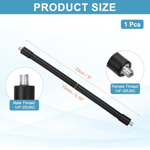 PATIKIL 9" Gooseneck, 1/4" Male to 1/4" Male Thread Metal Universal Hose Flexible Arm Gooseneck Tube Extension Holder for Action Camera Phone Microphone, Black - size: 9"