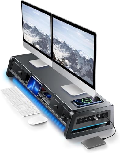 Vaydeer All-in-One Dual Monitor Stand Riser with 2 Drawers, 8USB Ports and Wireless Charging Pad with LED Light Strip for 2 Monitors , Desk Organizer for PC, iMac (Metal, 39.3 inches)-Black - color: Black
