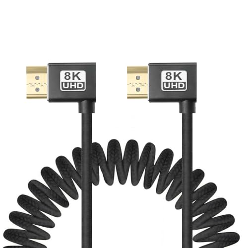 Uonecn Right Angle HDMI 2.1 Cable for Camera, 48Gbps 8K Braided Coiled HDMI for Atomos Ninja V, Portkeys BM5, Short HDMI Cable for Sony A7iv, Z-CAM F6, Z-Cam E2 Pro Cameras, Black, Left to Left - color: Black, size: Left Angle to Left Angle