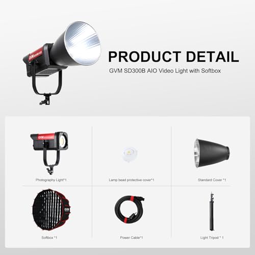 GVM 300W Bi-Color LED Video Light with Softbox, SD300B AIO Photography Light with Bluetooth Control, 2700K–6800K Continuous Lighting for Studio, YouTube, Film, 221950lux/1m,12 Scene Effects - size: 300W - With Softbox