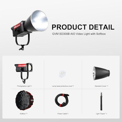 GVM 300W Bi-Color LED Video Light with Softbox, SD300B AIO Photography Light with Bluetooth Control, 2700K–6800K Continuous Lighting for Studio, YouTube, Film, 221950lux/1m,12 Scene Effects - size: 300W - With Softbox