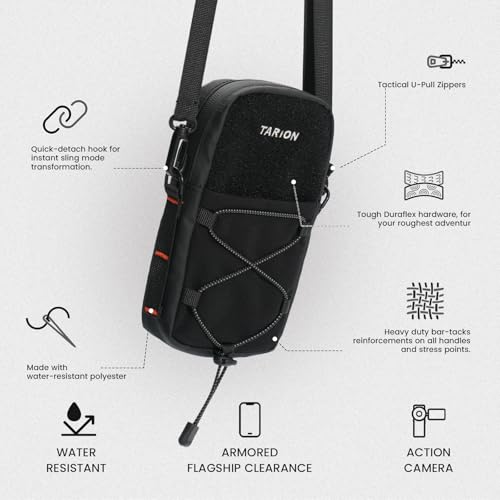 TARION Backpack Strap Pouch with POV Camera Mount, MOLLE Phone Holder | Water-repellent shell, waterproof zipper, detachable crossbody strap for biking hiking travel & POV vlog fits Pro Max phones