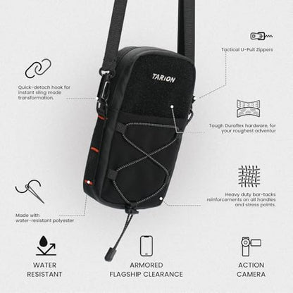 TARION Backpack Strap Pouch with POV Camera Mount, MOLLE Phone Holder | Water-repellent shell, waterproof zipper, detachable crossbody strap for biking hiking travel & POV vlog fits Pro Max phones