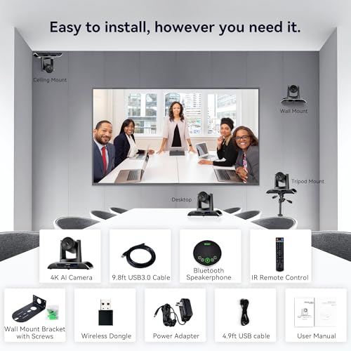 TONGVEO 4K Conference Room Camera System with Gesture Control, AI Auto-Tracking PTZ Camera 5X Digital Zoom with Speakerphone Set 120° Wide-Angle USB3.0 for Remote Meetings Zoom Teams OBS and More - color: Obsidian