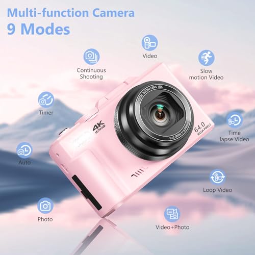 4K Digital Camera for Photography, 64MP Vlogging Camera for YouTube with 3" 180° Flip Screen, 18X Digital Zoom Point and Shoot Camara with 32GB Micro SD Card for Beginner (LP) - color: YL15-W08-C-LP