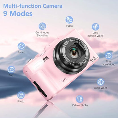 4K Digital Camera for Photography, 64MP Vlogging Camera for YouTube with 3" 180° Flip Screen, 18X Digital Zoom Point and Shoot Camara with 32GB Micro SD Card for Beginner (LP) - color: YL15-W08-C-LP