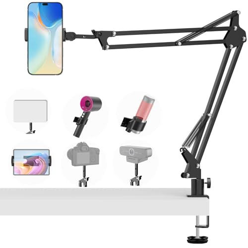 Overhead Camera Phone Mount, Desk Phone Stand for Recording, Phone Holder for Bed with Phone/Tablet/Mic Clamps, 1/4" Thread Magic Arm for DSLR, Webcam, iPad, TikTok, YouTube, Streaming, Cooking, Video