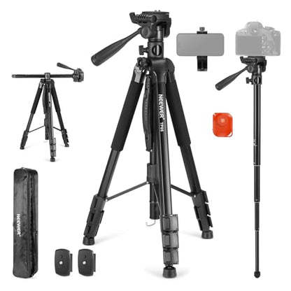 NEEWER Basic 74" Video Tripod Monopod, 3 Way Pan Tilt Head, Remote, Overhead Camera Mount, Horizontal Central Axis, Phone Holder Compatible with iPhone DSLR Telescope Projector, Max Load 17.6lb, TP05 - style: TP05