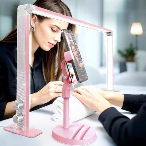 Upgraded Nail Tech Lamp for Desk, 32 in Foldable Large Nail Light with Phone Holder, 3000K-6000K CRI＞95 LED Manicure Lamp, Half Moon Light for Lash Eyelash Extension, Tattoo, Eyebrows-Diamond Pink - color: Diamond Pink