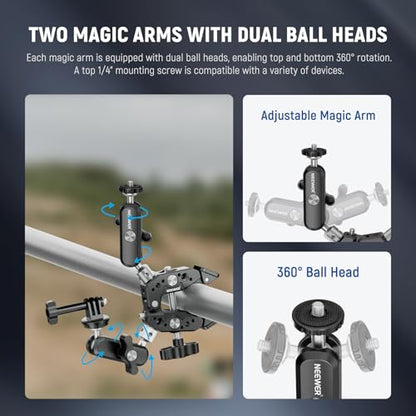 NEEWER Heavy Duty Super Clamp with Two 360° Dual Ball Head Magic Arms, 1/4" 3/8" Screw Threads, Phone & Action Camera Mount Adapter for Flat/Round Surface Compatible with GoPro DJI Insta360 DSLR - style: ST89