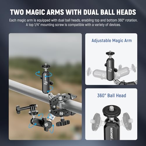 NEEWER Heavy Duty Super Clamp with Two 360° Dual Ball Head Magic Arms, 1/4" 3/8" Screw Threads, Phone & Action Camera Mount Adapter for Flat/Round Surface Compatible with GoPro DJI Insta360 DSLR - style: ST89