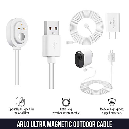 6ft/1.8m Weatherproof Outdoor Charging Cable with Quick Charge Adapter Compatible with Arlo Ultra/Ultra 2/Pro 3/Pro 4/Pro 5s (White) – NOT Compatible with Arlo Pro (6th Gen)/ Essential Spotlight - size: 1 Pack, 6ft
