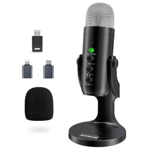 ZealSound Wireless Microphone for PC iPhone iPad & Android, Cordless USB Mic with Noise Cancellation, Mute, Gain, Echo & Zero-Latency Monitoring for Podcasting Streaming Gaming YouTube TikTok Video