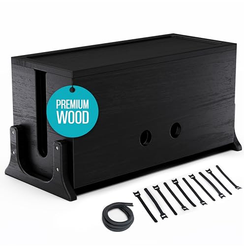 Extra Large Cable Management Box, Wood Cord Hider Box & Organizer for Power Strip, TV Wires & Desk Cable Storage - color: Blackened Acacia