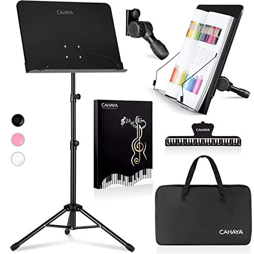 CAHAYA Music Stand for Sheet Music - Dual-use Converts to Desktop Stand Portable& Foldable 31.4-57in Height Adjustable Sturdy to Holds Thick Book or Tablet Include Carrying Bag Sheet Music Folder Clip - color: Black, size: Standard Version