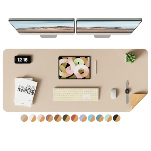 YSAGi Double-Sided Desk Pad, Leather Desk Mat, Eco Cork Desk Pad Protector, Large Mouse Pad for Desk, Waterproof Desk Blotter Pad, Desk Writing Pad for Office Work/Home (Beige/Cork,47.2" x 17") - color: Beige/Cork, size: 47.2" x 17"