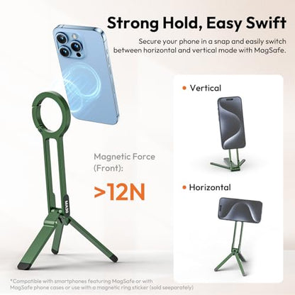 ULANZI MA30 Magnetic Phone Tripod Stand for iPhone - Aluminium Maglock Smartphone Mini Tripod Pocket Cell Phone Stand Strong Magnet Quick Mount Compatible with iPhone 17 16 15 14 13 12 Series, Green - color: Green