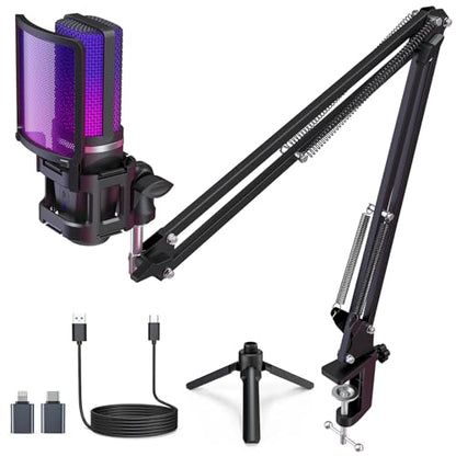 ZealSound Microphone for PC, USB Condenser Gaming Mic with Noise Reduction, Gain Control, Mute, Zero-Latency Monitoring, RGB Lighting, Boom Arm & Tripod Stand for Mac iPhone Android Podcasting TikTok - color: Black
