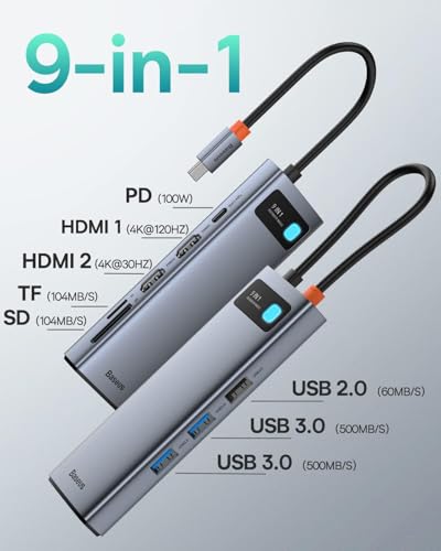 Baseus Laptop Docking Station Dual Monitor 9 in 1 USB C Hub up to 4K@120Hz with 2 HDMI, 1000Mbps LAN, Max 85W PD, 3 USB, SD Card Reader,USB C Dock Compatible with iPhone/Mac/Dell/HP/Surface/Steam Deck - size: 9 in 1