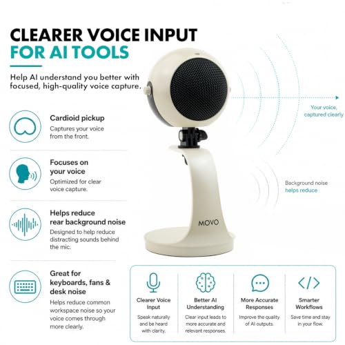 Movo WebMic USB Dictation Microphone in White – Cardioid for Vibe Coding | Cardioid Pickup Rejects Background Noise For Accurate Dictation. Gain Knob, Headphone Out, Mute. Desktop Stand, No Drivers. - color: Pearl White