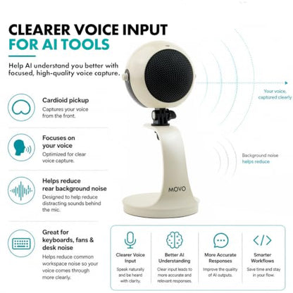 Movo WebMic USB Dictation Microphone in White – Cardioid for Vibe Coding | Cardioid Pickup Rejects Background Noise For Accurate Dictation. Gain Knob, Headphone Out, Mute. Desktop Stand, No Drivers. - color: Pearl White