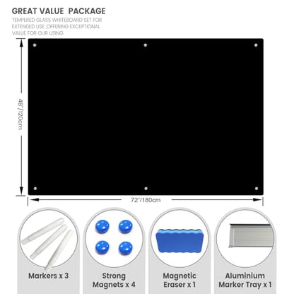 Magnetic Blackboard 72“ x 48” Black Glass Dry-Erase Board Wall-Mounted Frameless Whiteboard Bulletin Board Suitable for Offices, Schools, and Homes(Black) - size: 72"W x 48"H