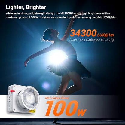 Godox ML100Bi 100W Portable LED Video Light,CRI 97+/TLCI 98+,0%-100% Brightness& Bi-Color COB Continuous Output Lighting 2800-6500K,11 FX Lighting Effects,App Control Mini Photography Light - color: ML100Bi