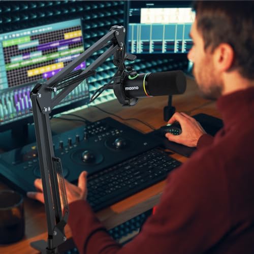 MAONO Boom Arm Microphone Stand with XLR Cable: Adjustable Metal Suspension Mic Boom Arm Kit for Podcast Gaming Streaming Recording,with Desk Clamp and 3/8"to5/8"Screw Adapter(BA20+XLR-180)