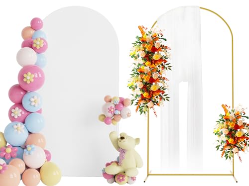 Putros Arch Backdrop Stand and Cover Set, 6.6ft, Gold Arch Stand with White Cover, Metal Arched Background Frame for Wedding, Birthday Party, Baby Shower, Photography Decoration - color: White, size: 6.6ft x 3.3ft